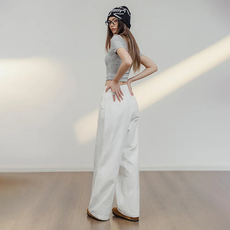 Women's White 100% Cotton Wide-Leg Cargo Trousers | Loose Straight Streetwear Pants