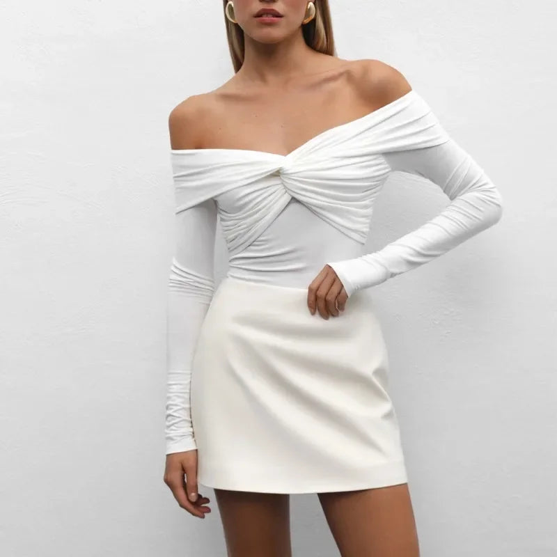 Women's Cross Neck Long Sleeve Off Shoulder Bodycon Top