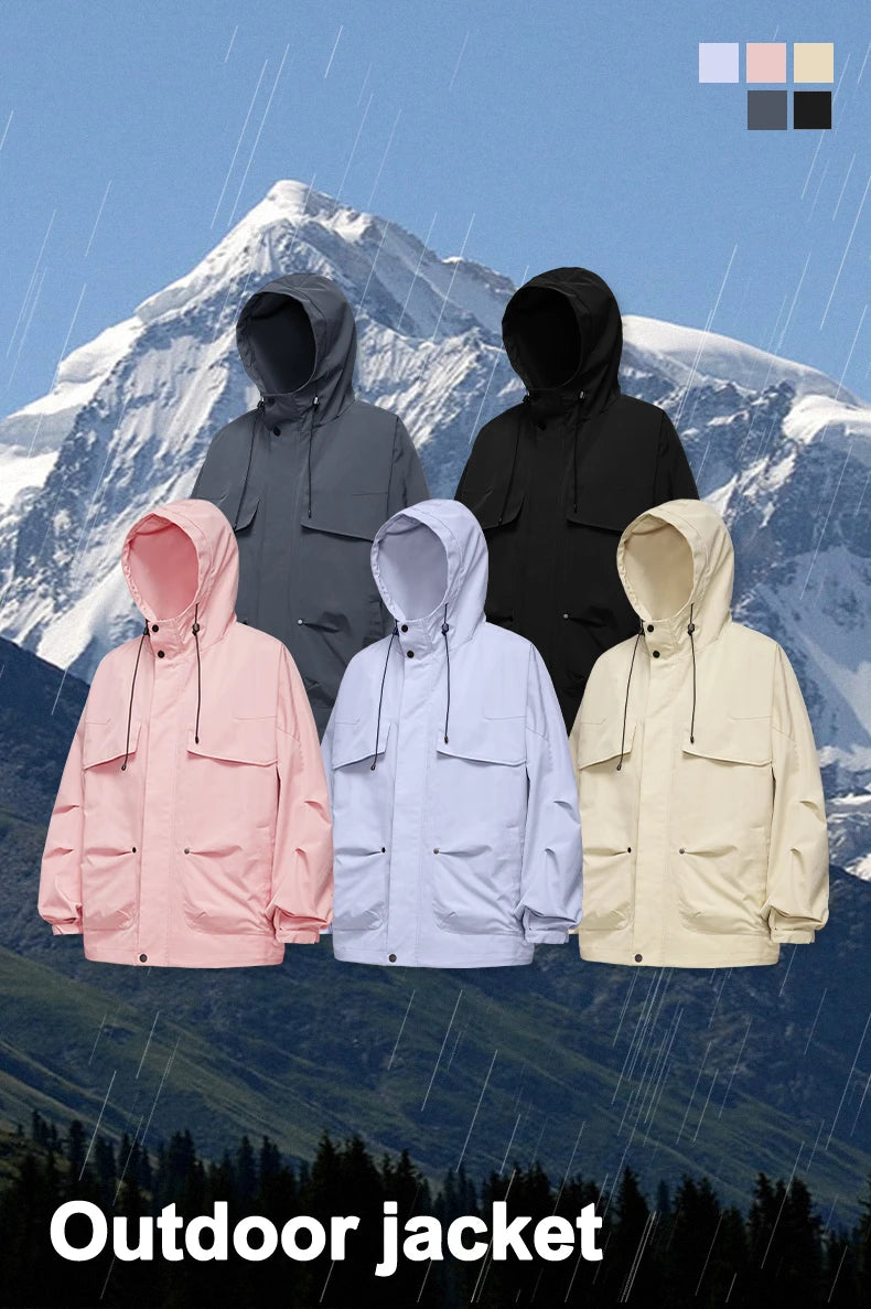 Unisex Mountain Cargo Windbreaker High Collar Zip Up Hooded Jacket