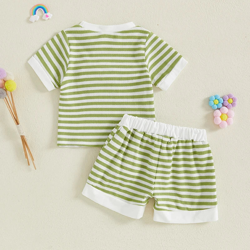 0-6Y Kids Girls Summer Clothes Sets Short Sleeve O Neck Flower Embroidery Striped T Shirts and Drawstring Shorts