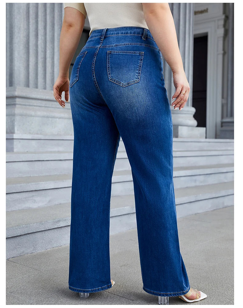 Plus Size Wide Leg Jeans - Women High Waist High Stretchy Straight Denim Jeans