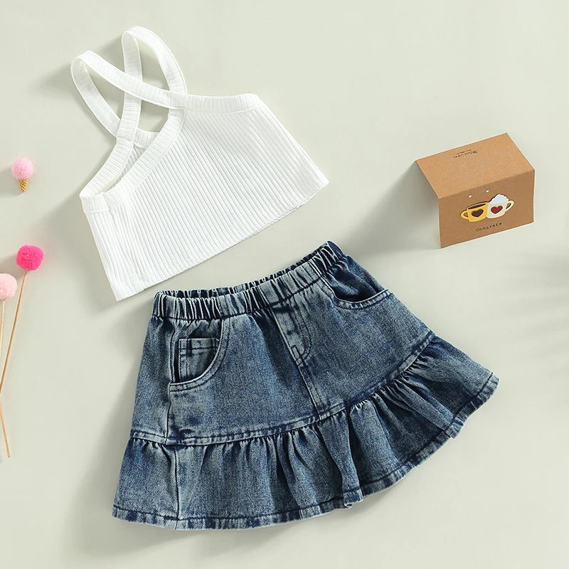 1-5Y Fashion Kids Girl Summer Clothes Sets -  Solid Colour Ribbed Camisole Elastic Denim Skirt Set