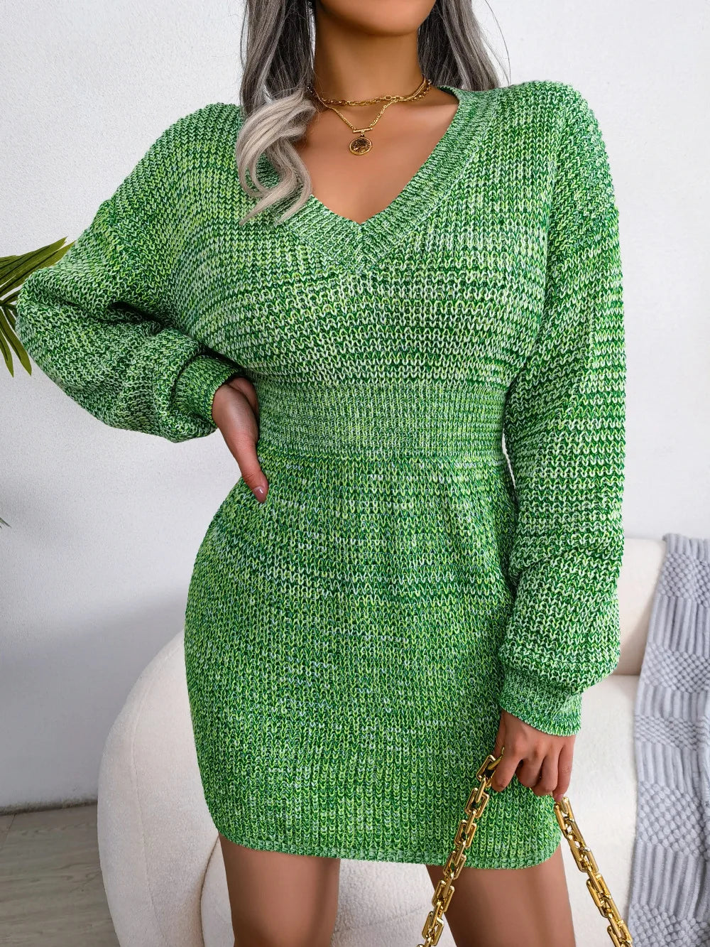 Women's  Autumn Winter V Neck Lantern Sleeve Nipped High Waist Sweater Chic Knitted Dress
