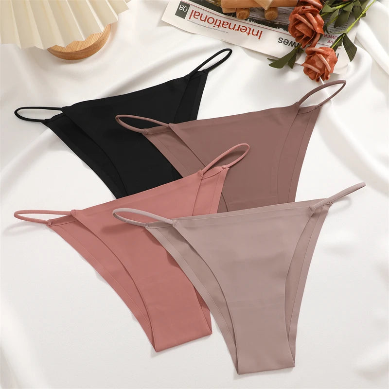 Women's 4Pcs/set Seamless Underwear Ice Silk Briefs Panties Thin Strap Lingerie