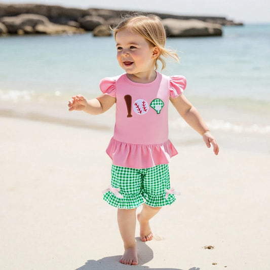 Baby Girls Summer Clothes Set - Baseball Embroidery Ruffle T-Shirt & Shorts