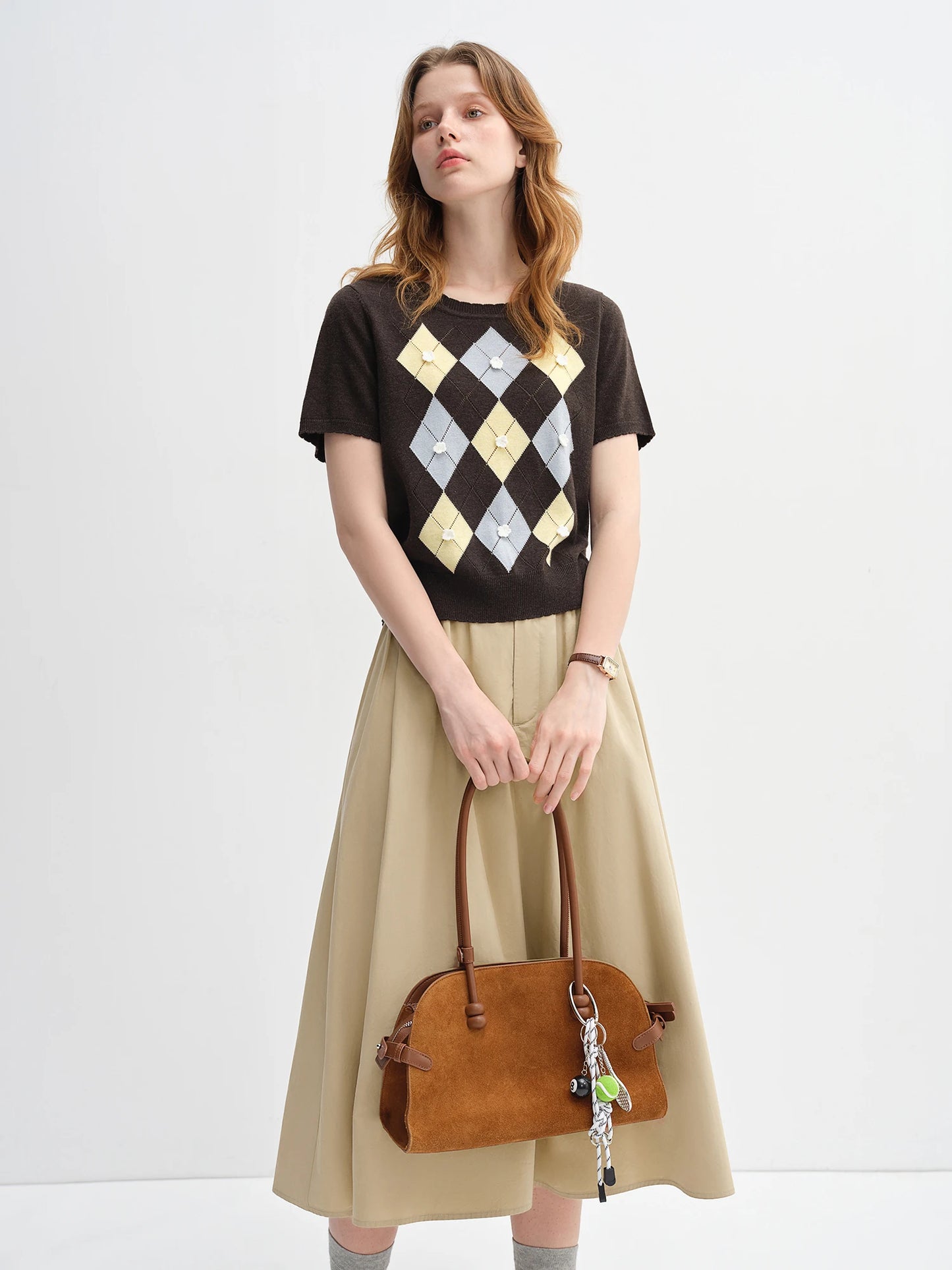 Women's Autumn Clothing Set - Long Sleeve Shirt & A-Line Skirt with V-Neck Top