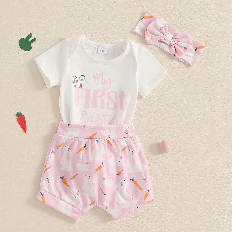 Baby Girls' Easter Outfit Set - Letter Print Romper, Carrot Bunny Shorts & Headband 3pcs