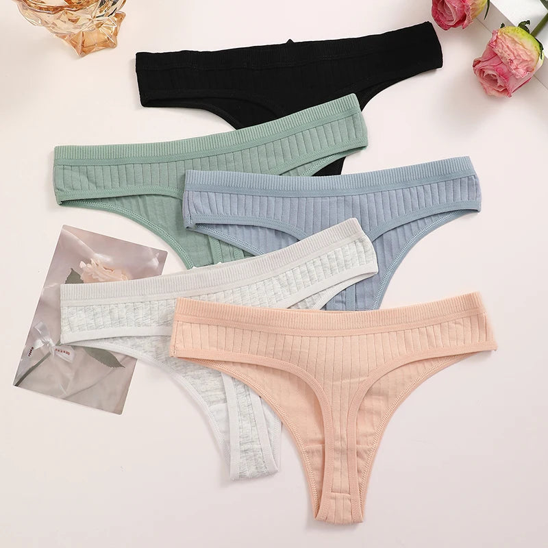 Women's Cotton Bow Tie Underwear 5-Pack - Ribbed Striped Low Waist Thongs