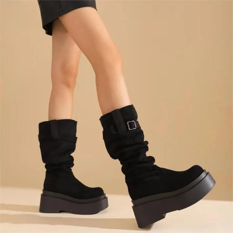 Women's Suede  Round Toe Knee High Buckle Pleats Boots