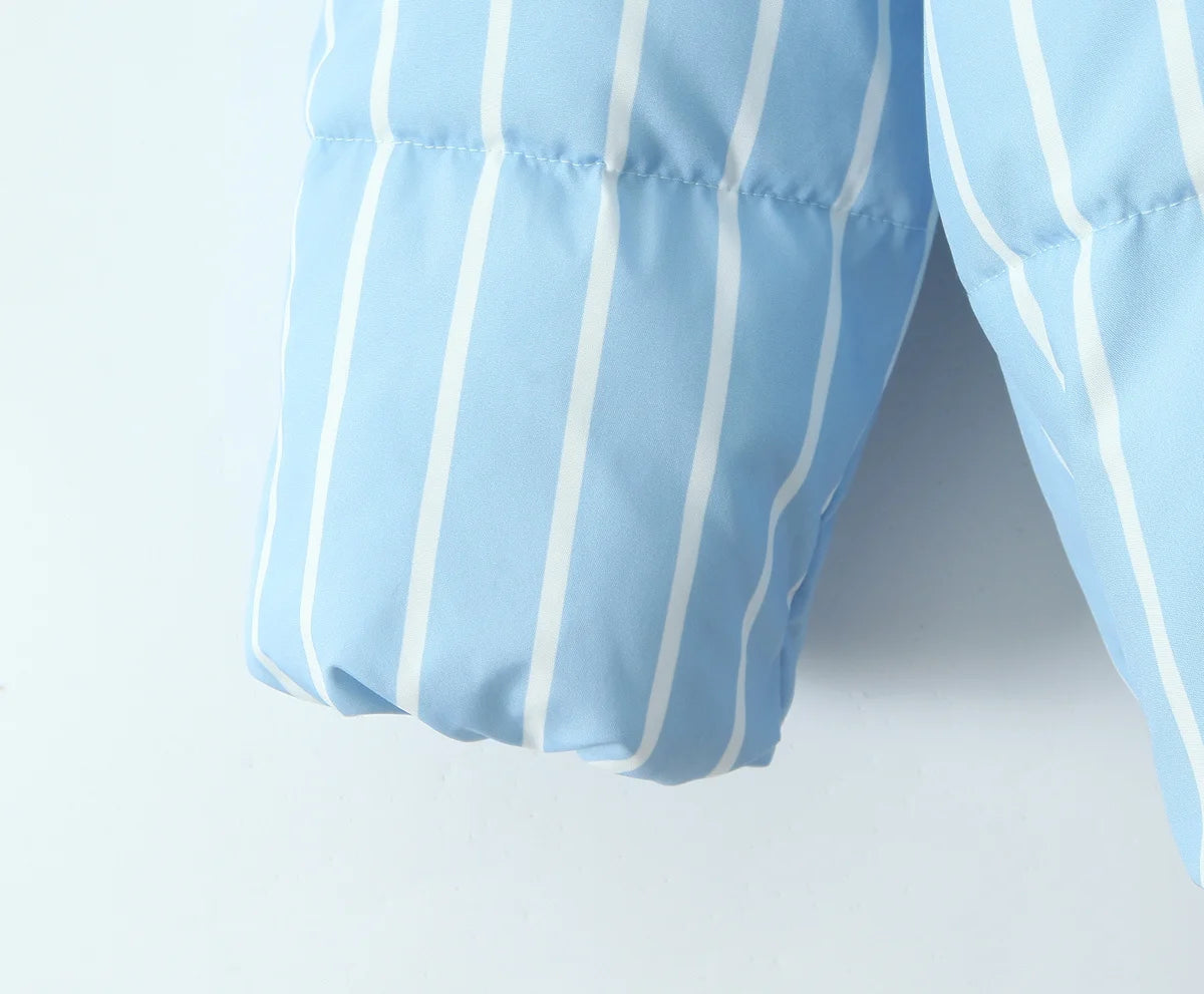 Striped Hooded Bread Jacket - Front Zipper Long Sleeve Warm Coat