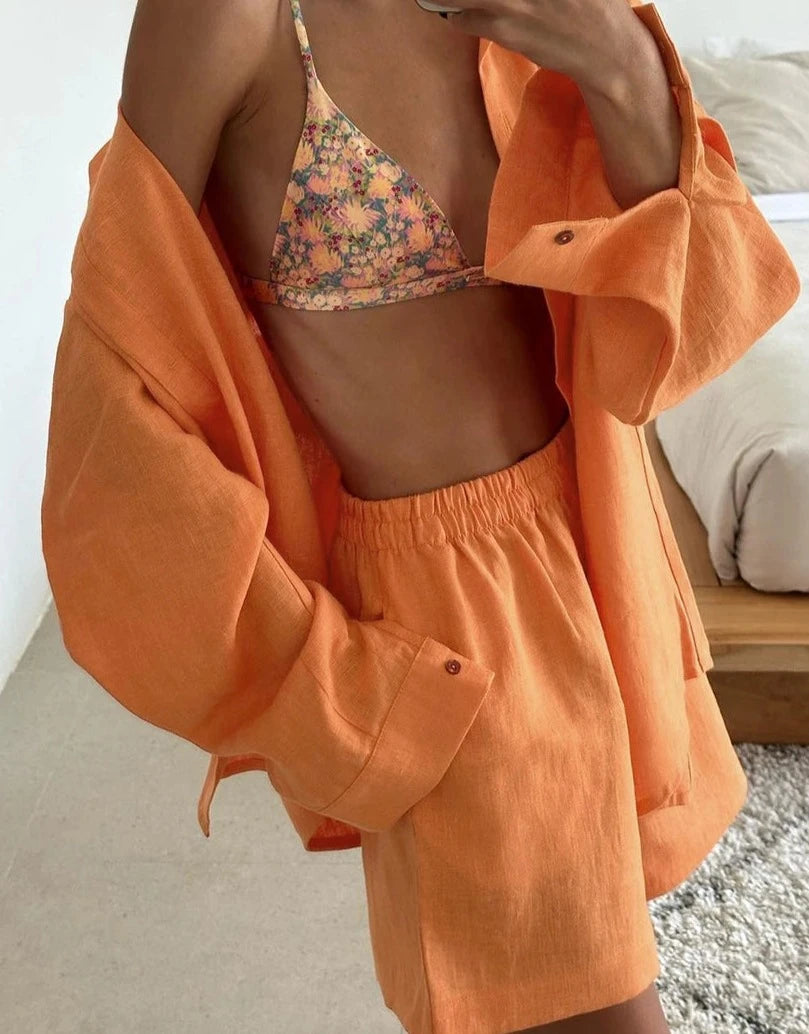 Women's Loose Orange Cotton 2 Piece Set Long Sleeve Shirt With High Waist Shorts Set