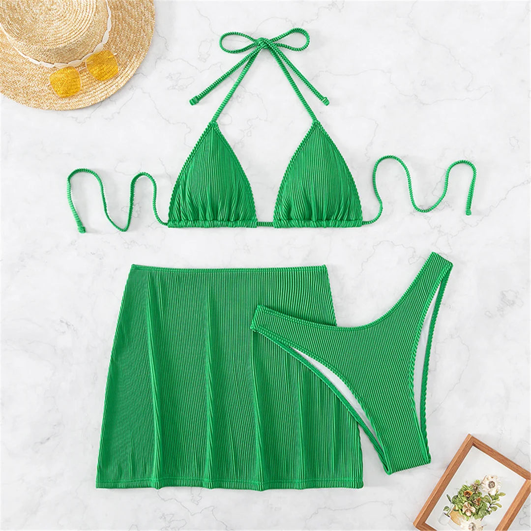 4 Colours With Skirt Ribbed Three-pieces Halter Bikini Set