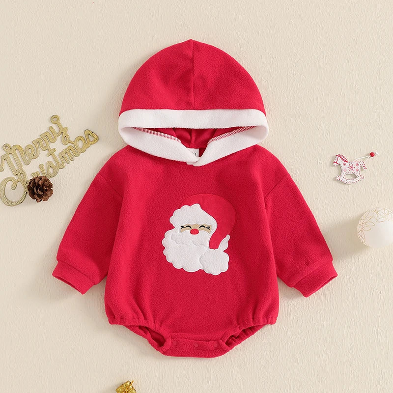 0-18M Baby Girls Boys Christmas Romper Santa Embroidery Long Sleeve Hooded Jumpsuits Newborn Playsuit