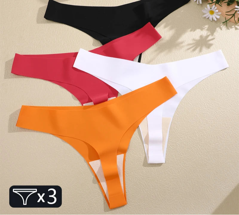 3PCS Women Ice Silk Seamless Underpants Panties, V-Waist Sport Thongs Low Rise 10 Solid Colours Breathable G-string