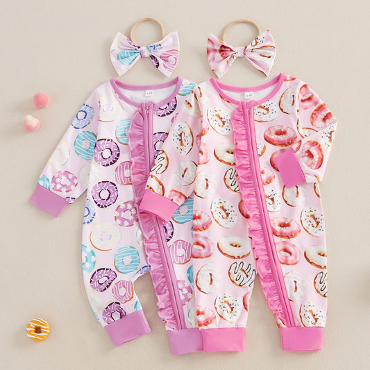 0-12M Baby Girls Romper Outfits Long Sleeve Doughnut Print Ruffle Zipper Jumpsuit with Headband