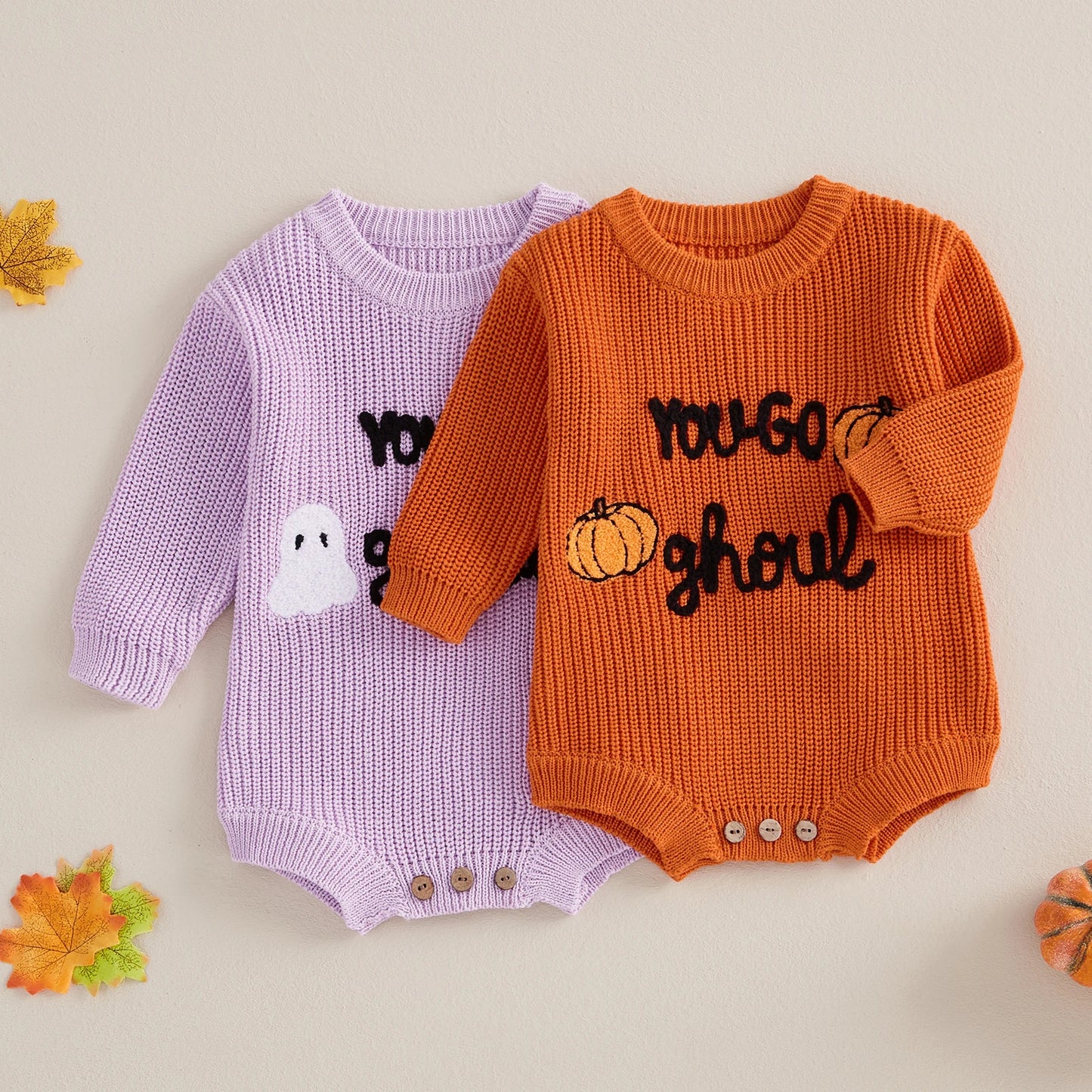 0-12M Baby Girls Boys Halloween Sweater - Romper Letter Ghost Embroidery Crew Neck Long Sleeve Jumpsuit