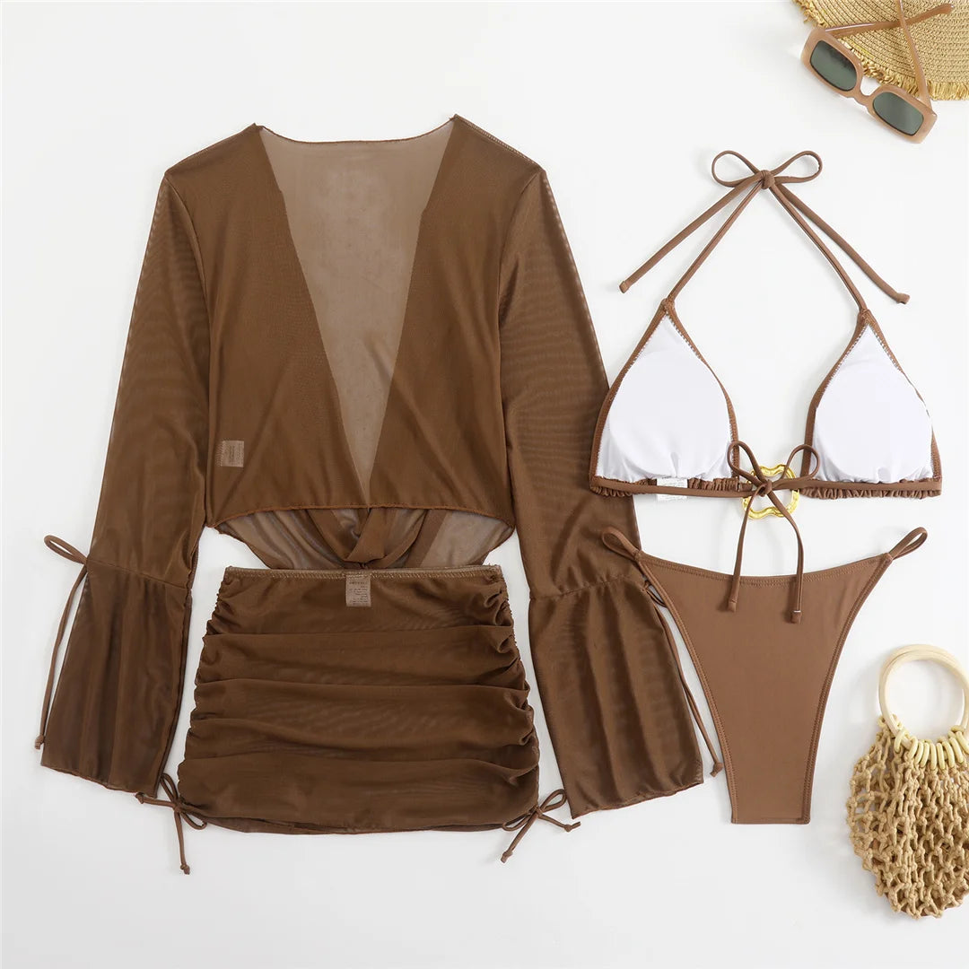 Women's Long Sleeve Cover Up Skirt Halter Bikini Swimsuit Swimwear Four-pieces Bikini Set
