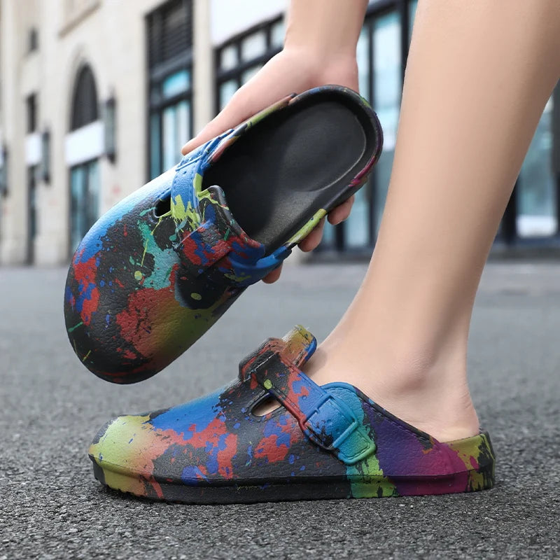 Men's Summer Slippers Platform Sandals Clogs Splashing Ink Design Slides