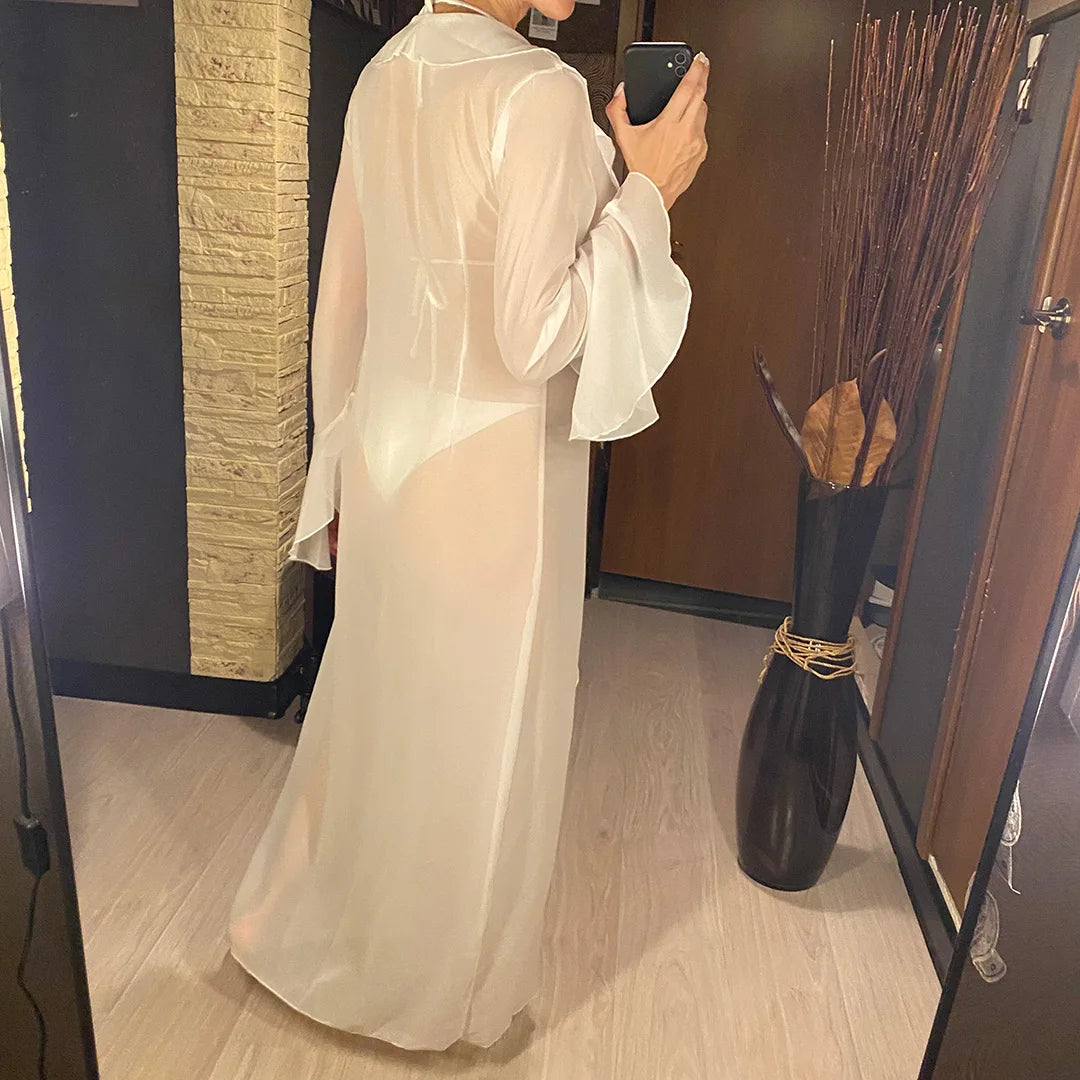 V Neck Ruffled Long Sleeve Chiffon Beach Cover Up Dress