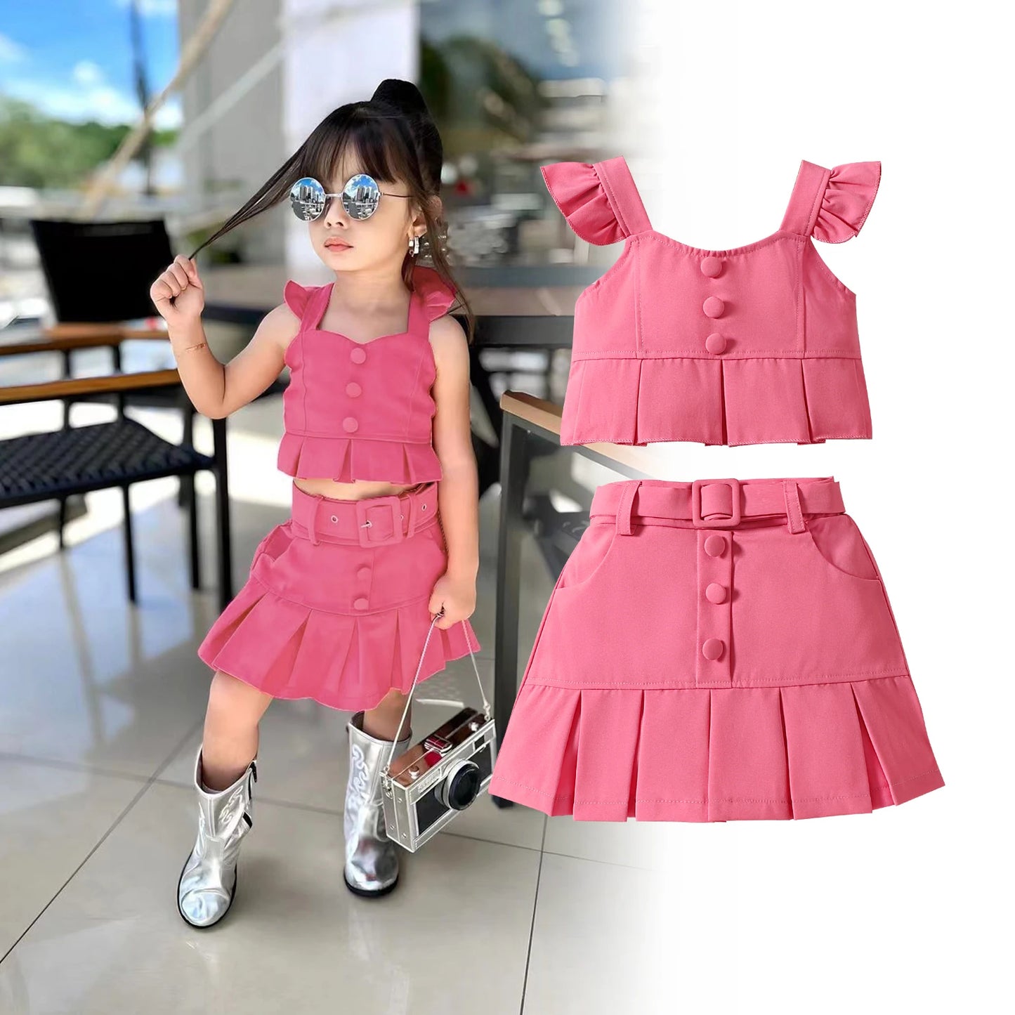 1-6Y Girls Summer Fashion Clothes Sets -  Ruffles Fly Sleeve Solid Tops Elastic Waist Pleated Mini Skirt with Belt