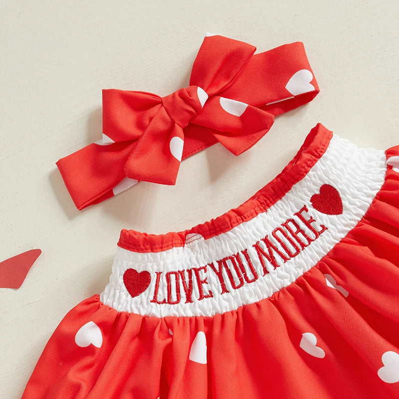 0-3Y Baby Girls Valentine’s Day Dress Long Sleeve Heart Embroidery Heart Print A-Line Dress with Headband Set