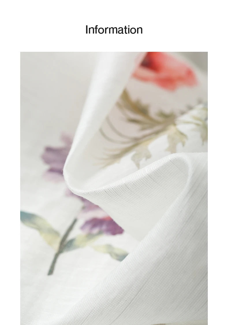 Women's Linen Blend Floral Print Blouse | Lantern Sleeves | O-Neck | Loose Fit | White | Spring Summer