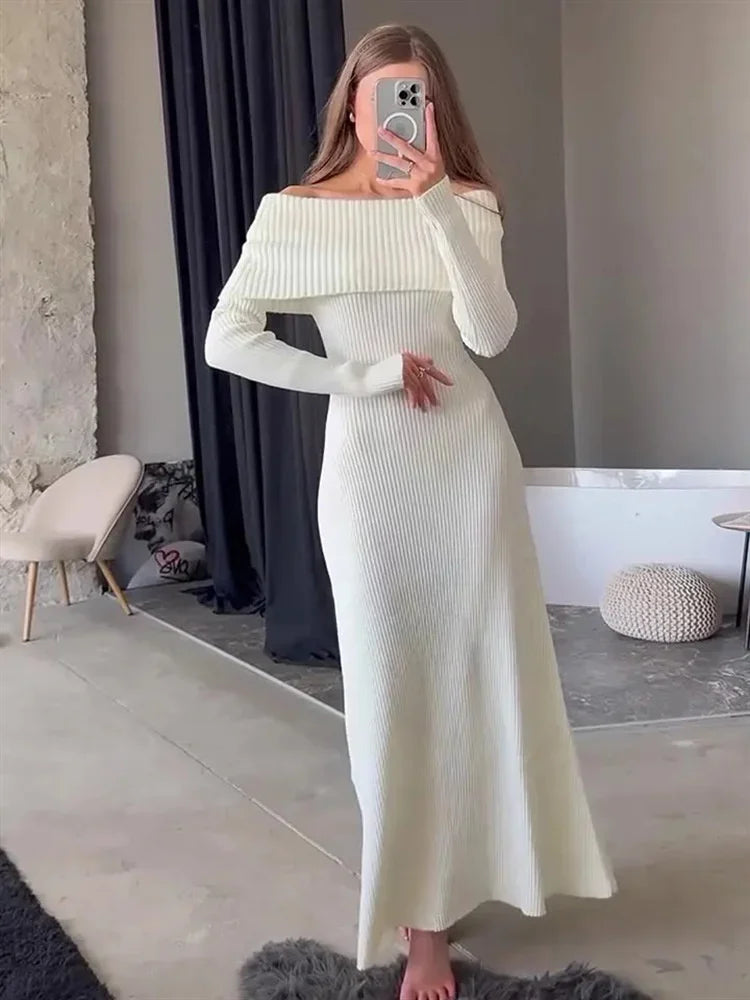 Women's Long Off-Shoulder Ribbed Loose High Waist Knitwear Maxi Dress