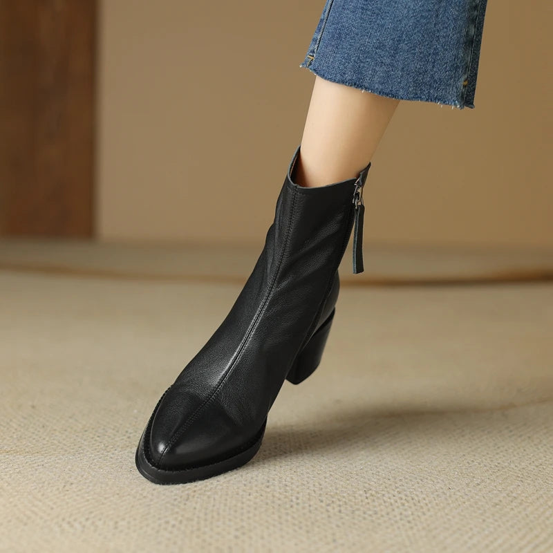 Women's Genuine Leather  Pointed Toe Chunky Heel Western Boots Cowboy Boots