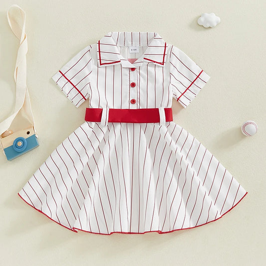 0-4Y Kids Girls Summer Baseball Dress Striped Short Sleeve Single Breasted Back Letter Print Dress with Belt