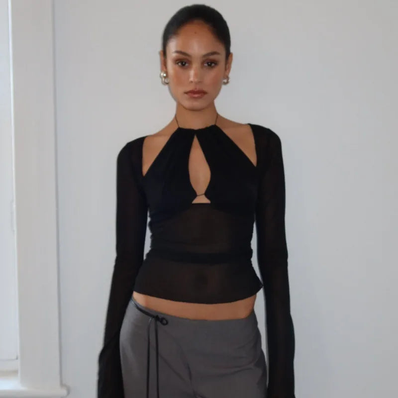 Women's Mesh See Through Long Sleeve Top - Asymmetrical Halter Style