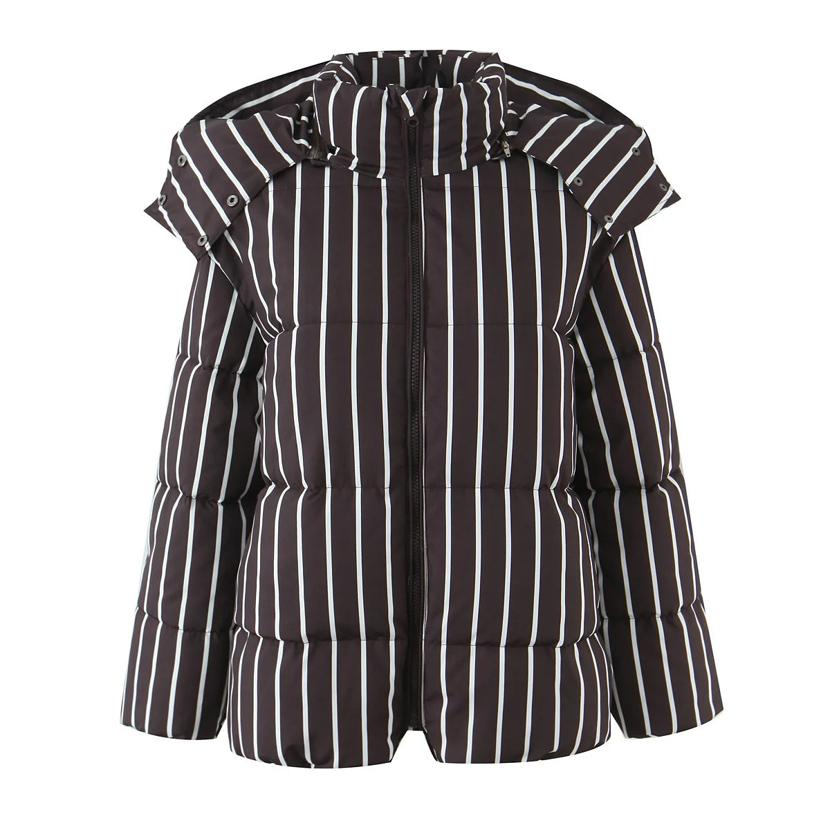 Striped Hooded Bread Jacket - Front Zipper Long Sleeve Warm Coat