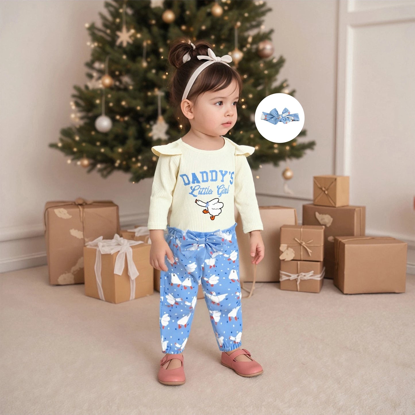 Baby Girls Duck Print Outfit Set - 3-Piece Long Sleeve Romper, Dot Pants & Headband (0-18M)