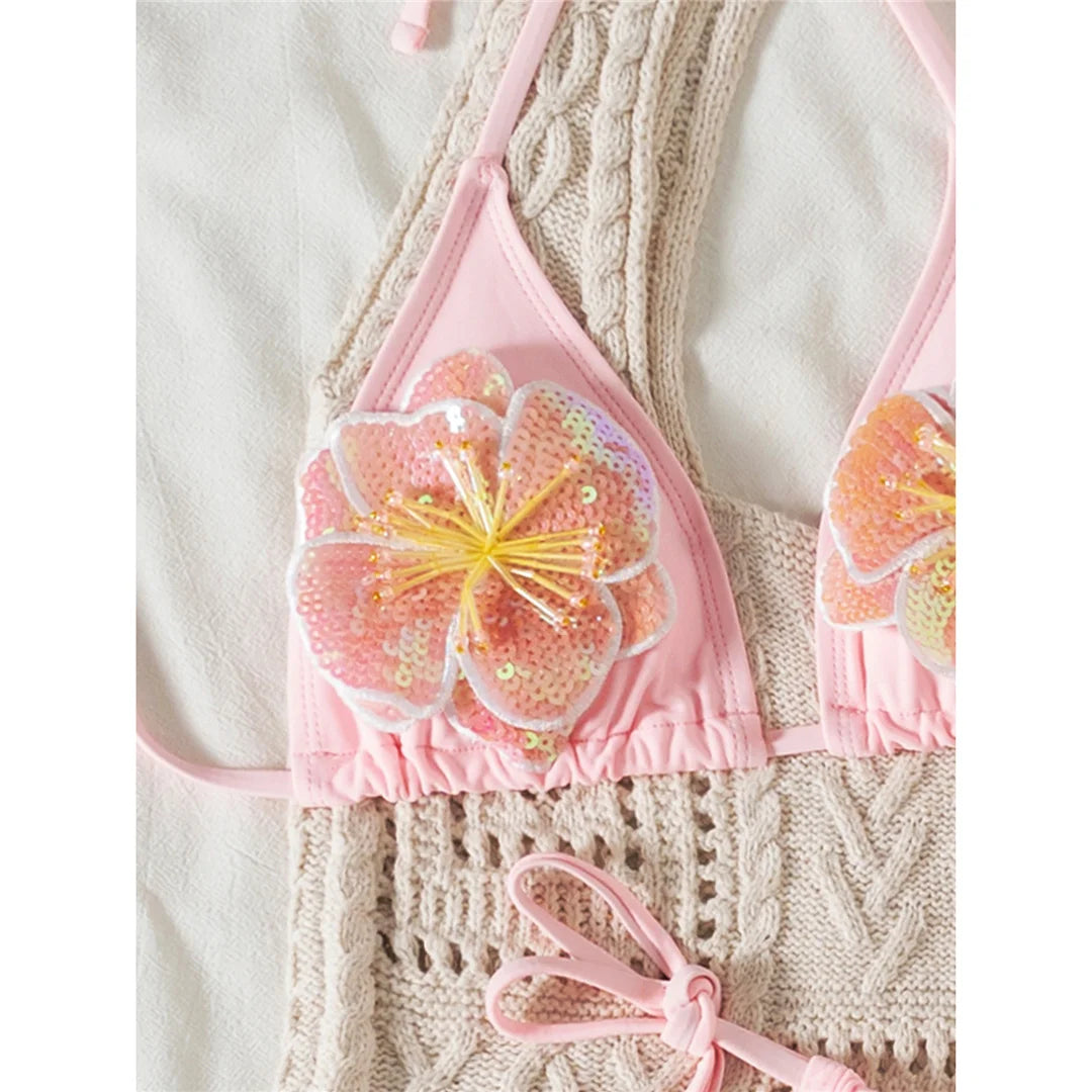 3D Flowers Halter High Leg Bikini Set