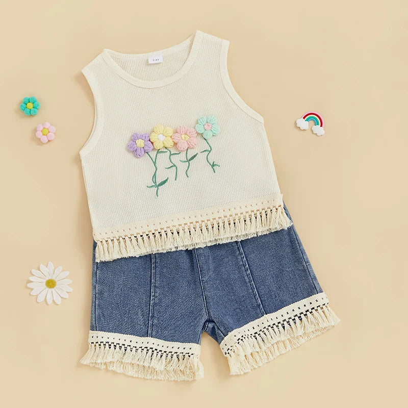 1-5Y Kids Girls Summer Clothes Sets Sleeveless Floral Embroidery Tasseled Tank Top and Elastic Denim Shorts