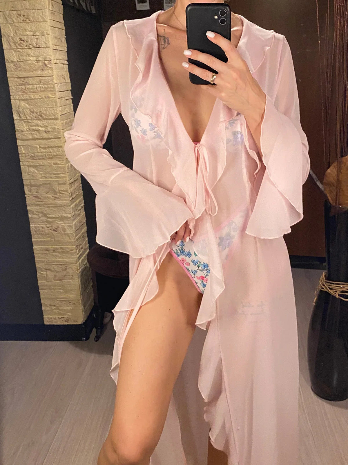 V Neck Ruffled Long Sleeve Chiffon Beach Cover Up Dress