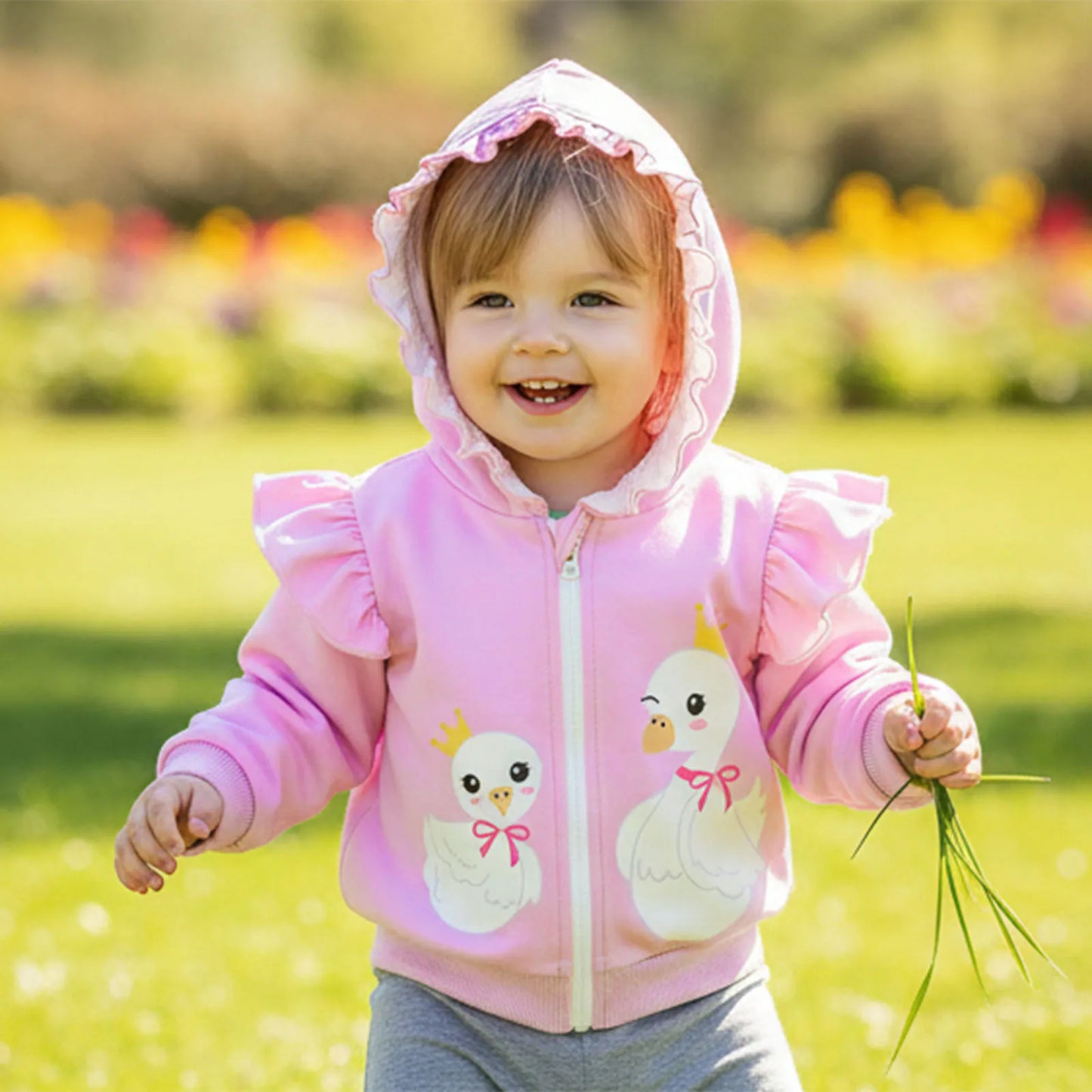 Toddler Girls Hooded Jacket - Goose Print Long Sleeve Coat