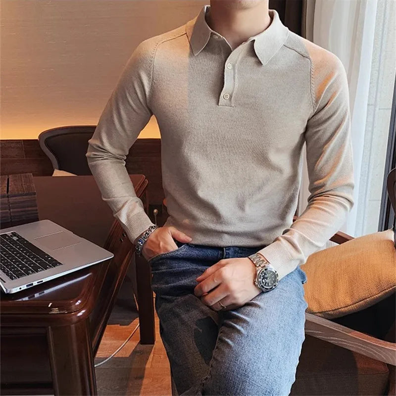 Slim Fit Knitted Polo Shirt - Long Sleeve Solid Turn Down Collar