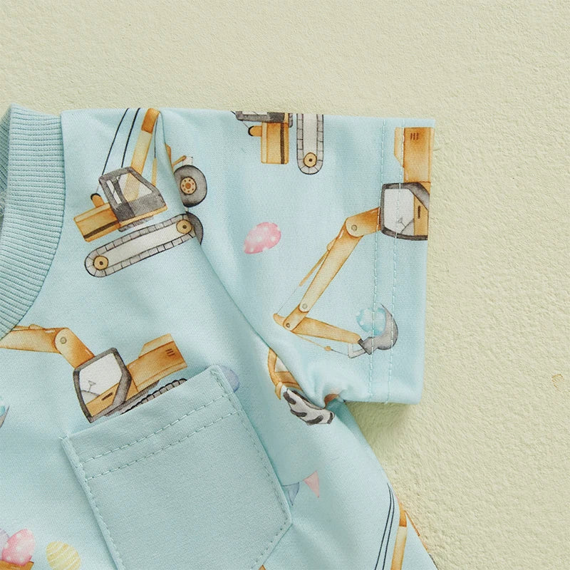 Boys' Excavator Print Summer Outfit Set - Short Sleeve Top with Elastic Waist Shorts