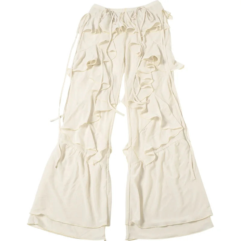 Women's Ruffled Tie Detail Flared Pants - Mesh Sheer Stretch Trousers