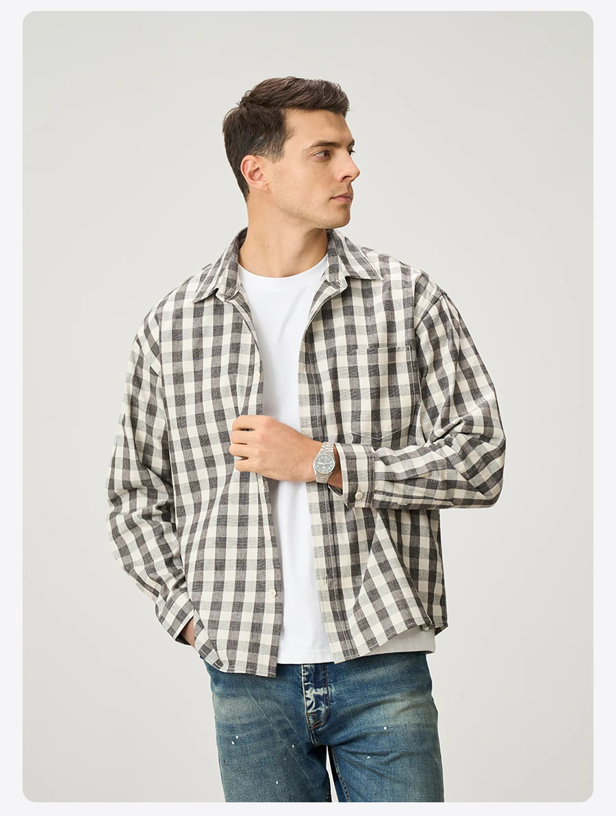 Oversized Linen Cotton Plaid Shirt - Casual Relaxed Fit