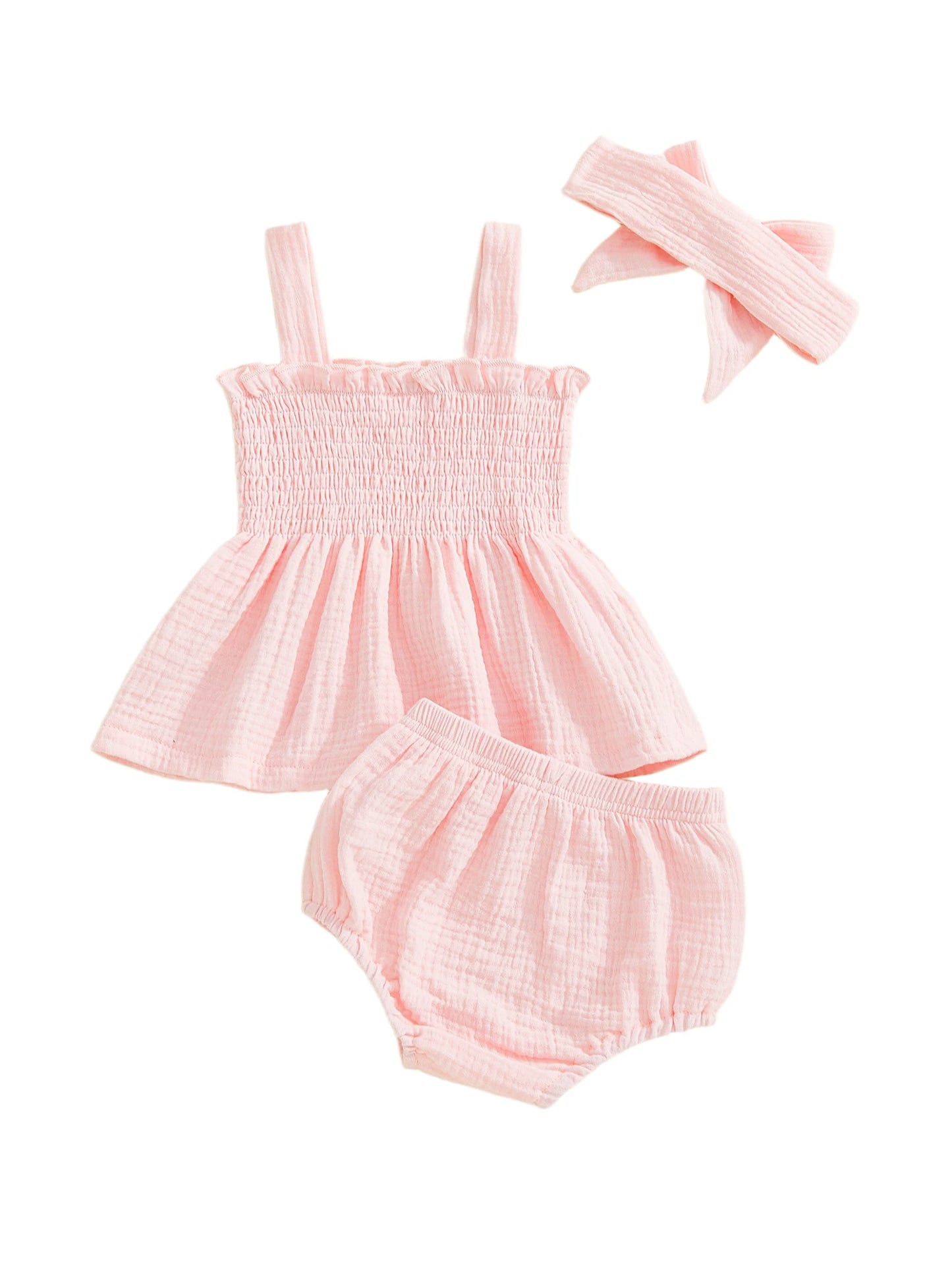 Baby Girls Summer Outfit Set - Ruffled Smocked Top, Shorts & Headband (0-24M)