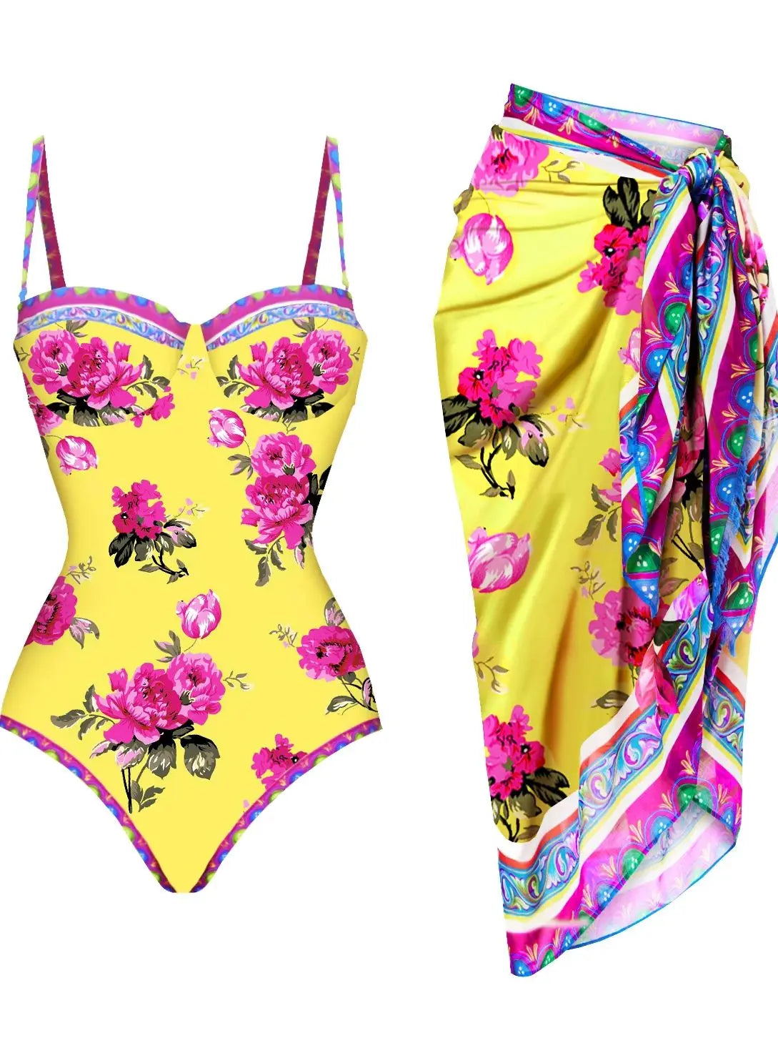 Underwire Push-Up Swimsuit with Skirt - High Leg Bathing Suit