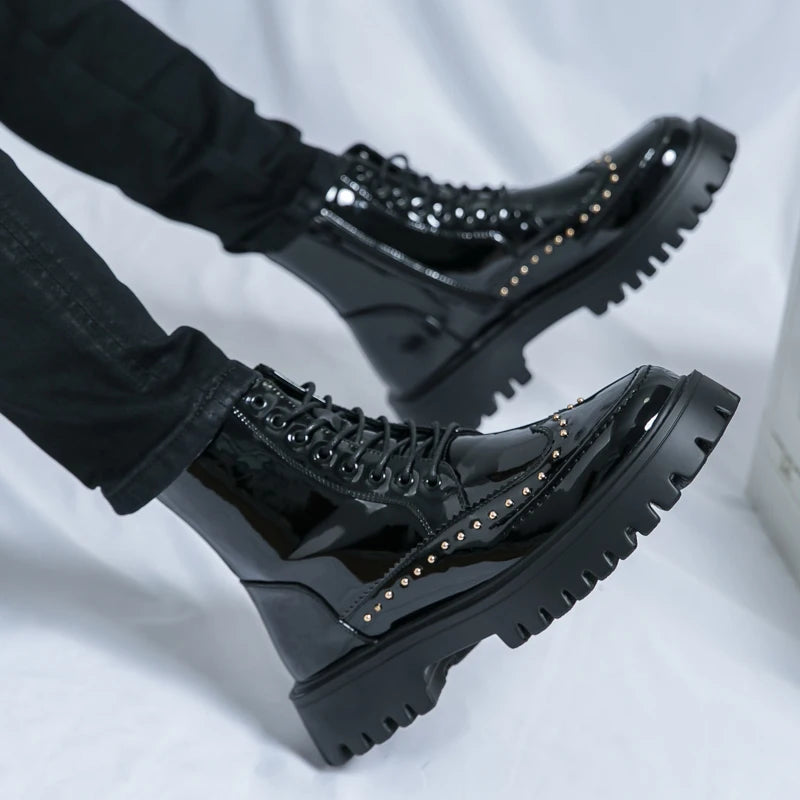 Platform Leather Boots - Men's Motorcycle Style Thick Sole Dress Sneakers