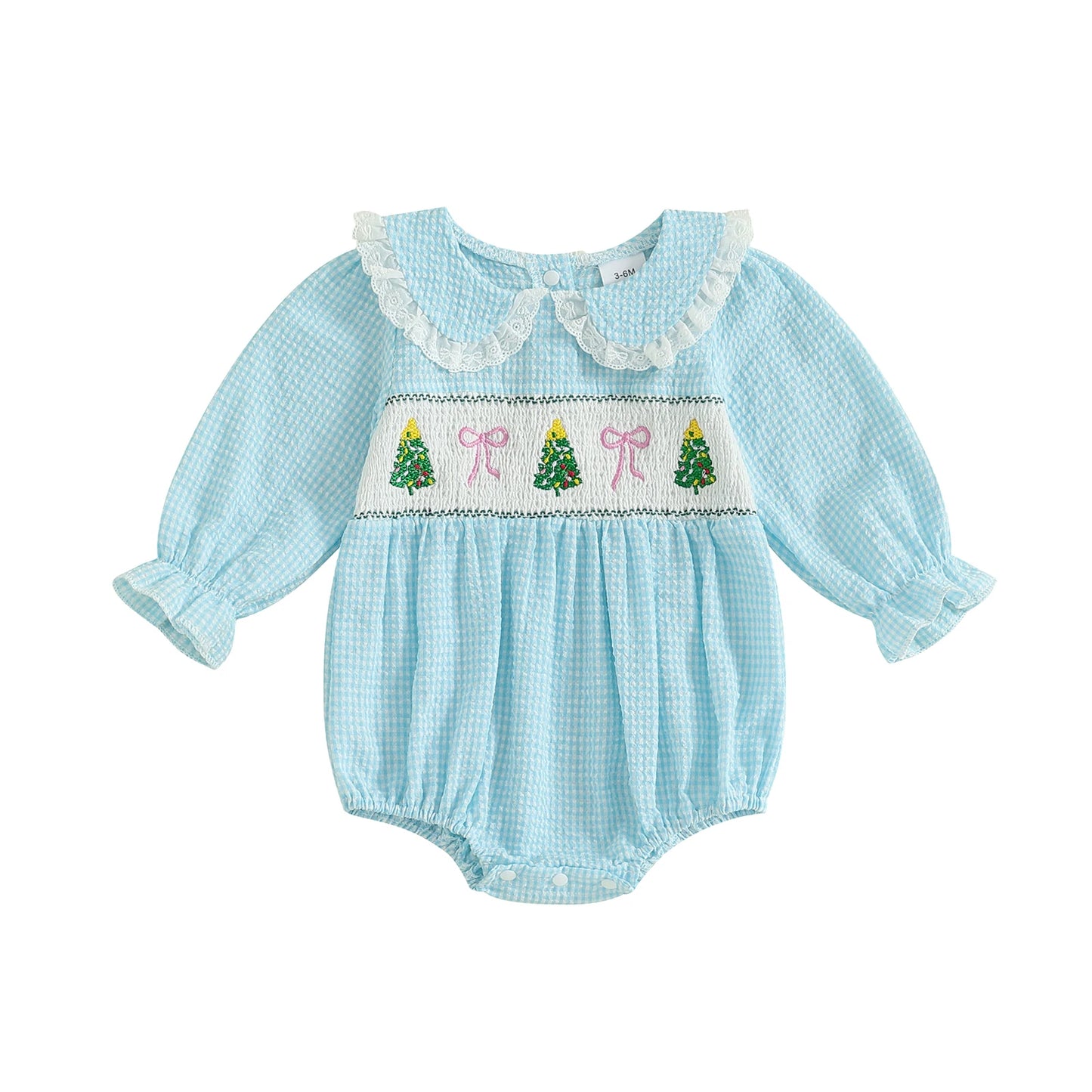 Baby Plaid Print Romper - Long Sleeve Bow Embroidery Doll Collar Jumpsuit