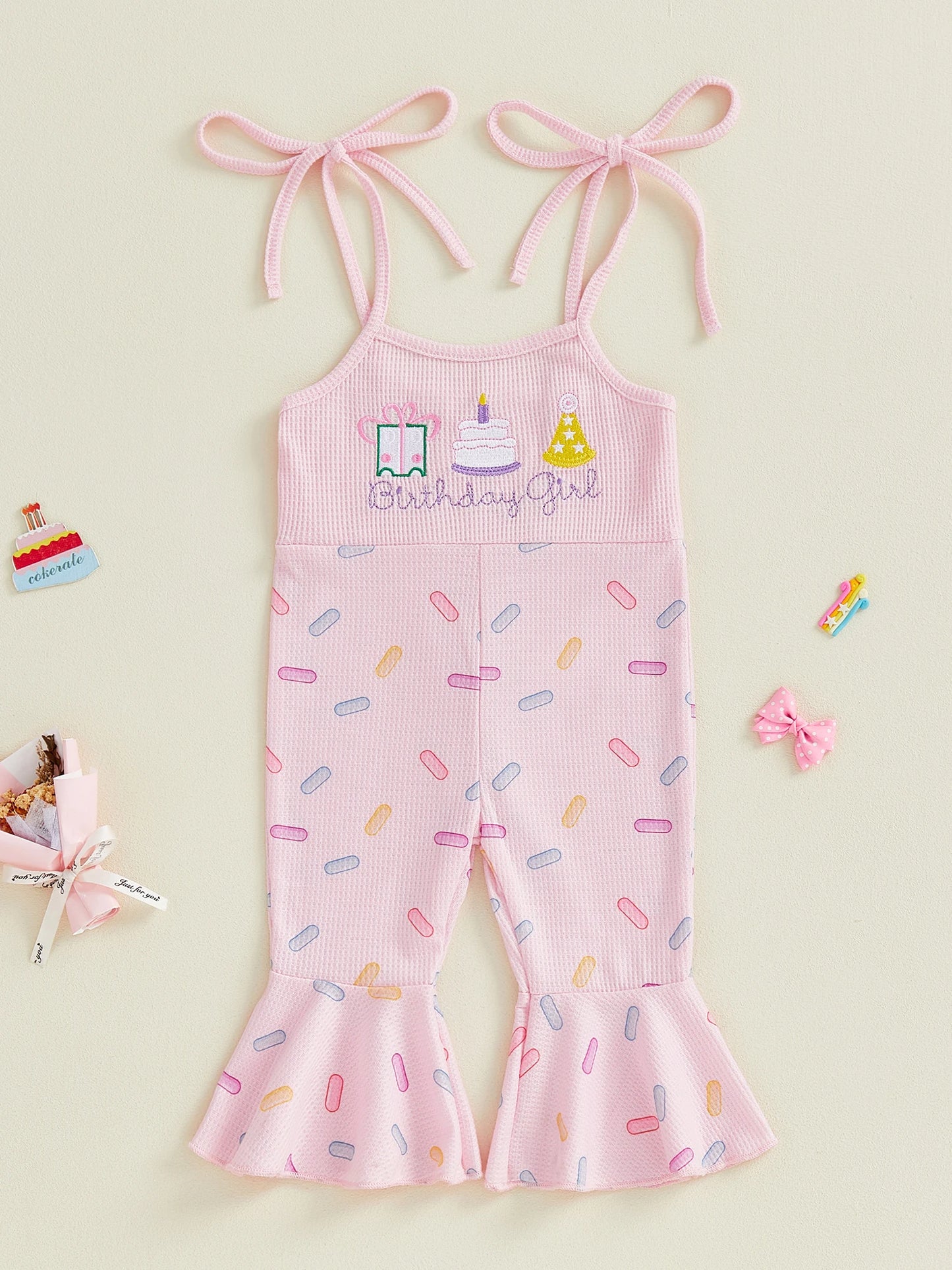 Toddler Girls Birthday Overalls Jumpsuit - Cake Embroidery Sleeveless Bell Bottom Flare Pants