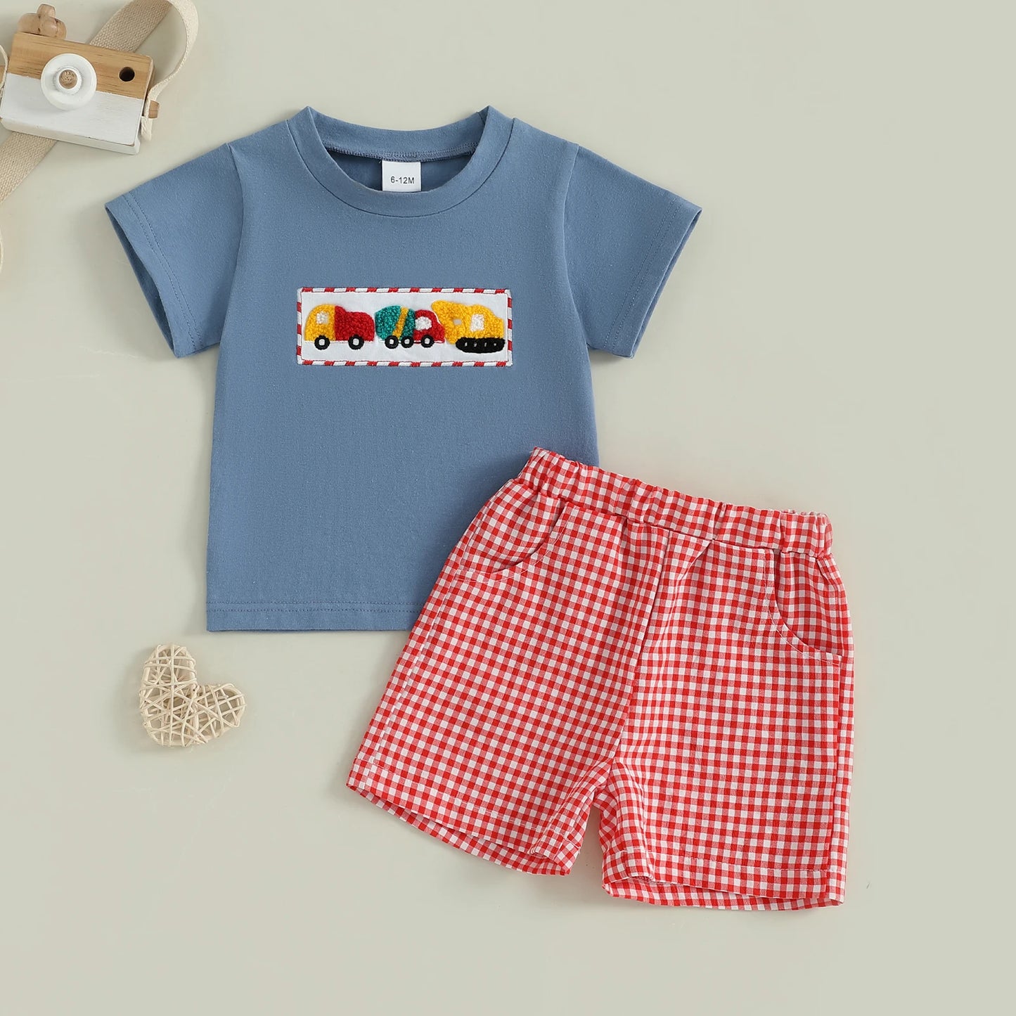 0-4Y Toddler Kids Boys Summer Clothes Sets Car Embroidery Short Sleeve Round Neck T-Shirts Plaid Elastic Waist Shorts