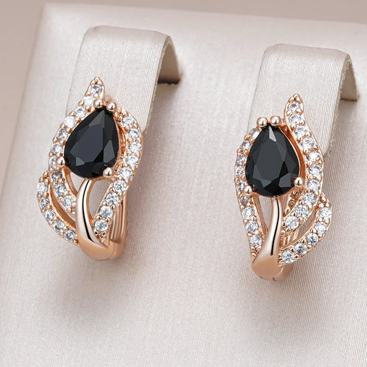 Women's 585 Rose Gold Color Natural Zircon Vintage Black Stone Dangle Earrings
