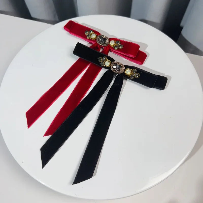 Retro Velvet Bow Brooch - Rhinestone Fabric Lapel Pin