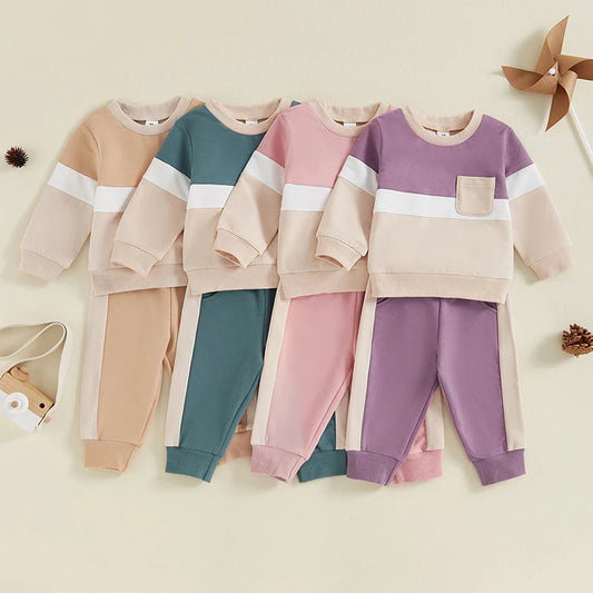 0-4Y Toddler Kids Boys Girls Fall Clothes Sets Contrast Long Sleeve Sweatshirt Tops and Pants Set