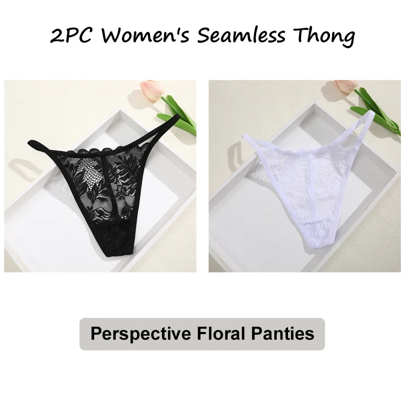 Floral Lace Thong Underwear - Low Waist Transparent Briefs for Women
